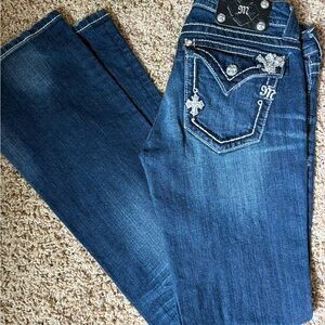 Miss Me Blue Boot Cut Jeans with Ornate Stitching